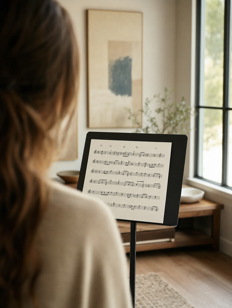 Blick über die Schulter einer singenden Person auf einen Notenständer mit modernen Noten Blick über die Schulter einer singenden Person auf einen Notenständer mit modernen Noten